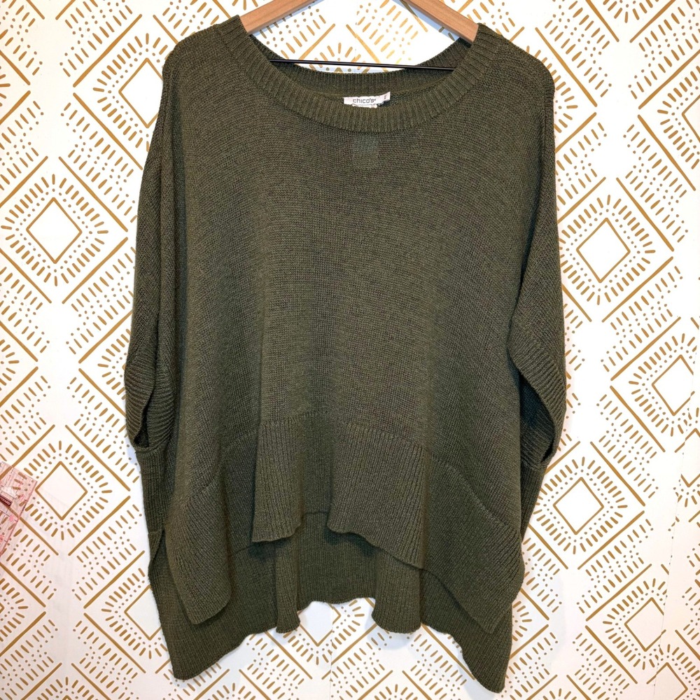 Chico's Knit Oversized Poncho Sweater Top S/M Olive Green Lagenlook Earthy Artsy
